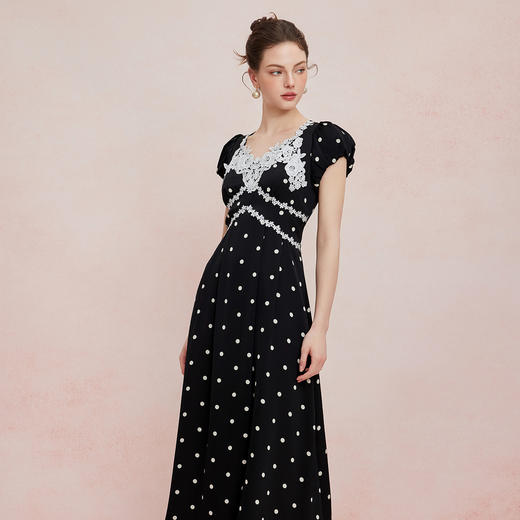 QF889斯尔丽25新款法式复古水溶蕾丝提亮高腰节小泡袖减龄波点连衣裙 商品图2