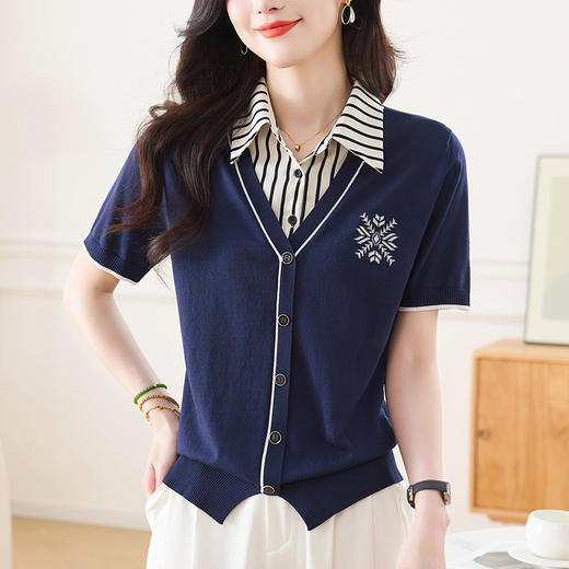 CC-66-2521假两件短袖t恤女夏季时髦洋气衬衫领拼接上衣气质轻奢小衫 商品图1