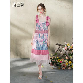 两三事 蝶舞霓裳 2025夏季新款复古蕾丝拼接立体蝴蝶结印花连衣裙