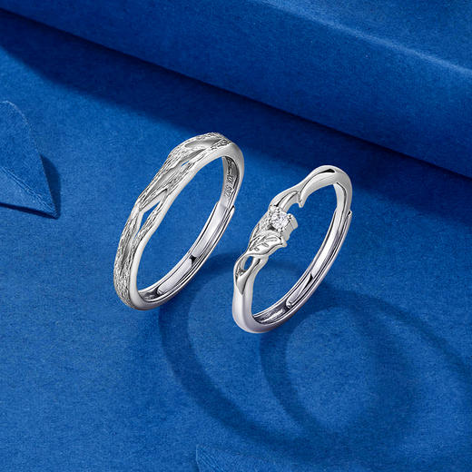 KADER卡蒂罗 连理枝情侣对戒 S999/S925纯银镶钻 开口可调节一对戒指 浪漫小众设计 礼物送女朋友 #礼盒款 商品图7