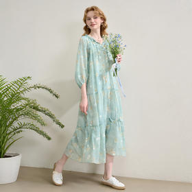 欧若风薄荷曼波度假风七分袖连衣裙女春夏晕染印花长裙V0750287