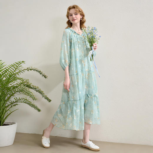 欧若风薄荷曼波度假风七分袖连衣裙女春夏晕染印花长裙V0750287 商品图0