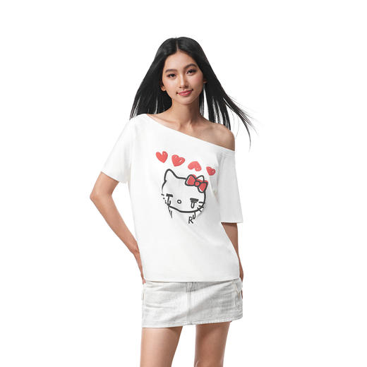 FDR官方店 卡通kitty印花斜肩短袖T恤女夏季潮牌辣妹性感露肩上衣 商品图1