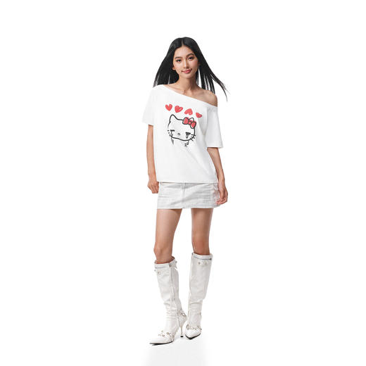 FDR官方店 卡通kitty印花斜肩短袖T恤女夏季潮牌辣妹性感露肩上衣 商品图0