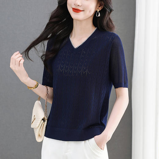 CC-MY-1215气质轻奢镂空上衣夏季短袖针织衫2025新款大码胖mm冰丝t恤V领洋气 商品图1