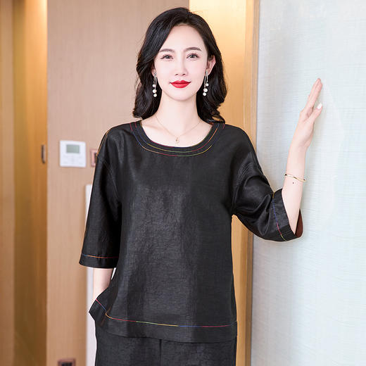 KQ-221972+221973新款夏季桑蚕丝上衣真丝香云纱小衫女大码两件套阔腿裤套装 商品图3