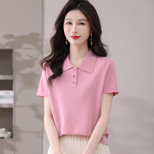 CC-101-31802时尚天丝翻领短袖t恤女2025新款夏季薄款莱赛尔显瘦减龄针织上衣 商品图1