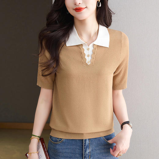 CC-翻领撞色上衣夏季气质轻奢漂亮小衫2025新款女士冰丝短袖t恤洋气 商品图1