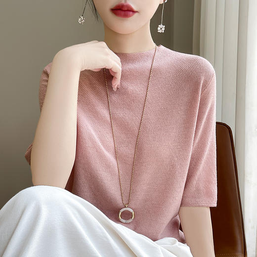 CC-XIX185冰丝针织短袖t恤女2025新款纯色时尚宽松显瘦大码女装夏季上衣女 商品图0