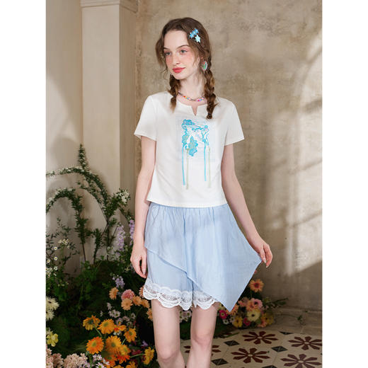 两三事 美神垂蔓 2025夏季新款甜美流苏绣花棉质短袖t恤女 商品图3