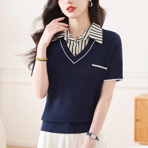 CC-66-2520衬衫领假两件上衣女夏季气质港风短袖t恤新款时髦洋气冰丝小衫 商品图0