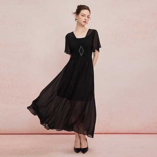 QF890斯尔丽25新款法式优雅立体手工压褶收腰太阳摆雪纺飘逸浪漫连衣裙 商品图8