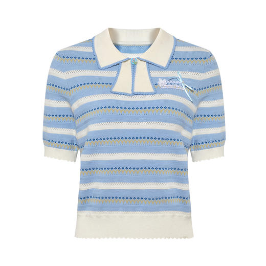 两三事蝶翼织梦2025夏新款小清新蕾丝拼接蝴蝶结翻领条纹针织衫女 商品图4