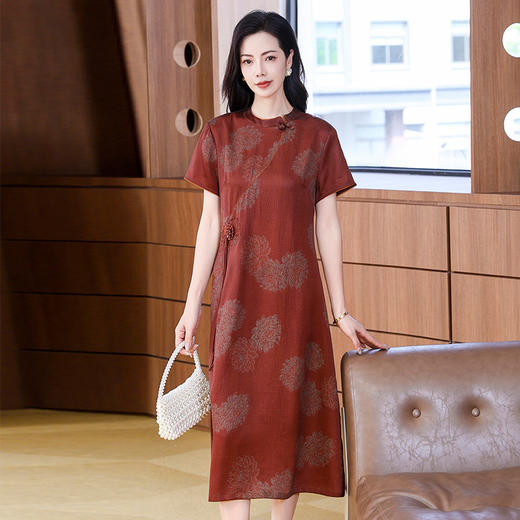 KQ-221918品牌新中式珍珠缎香云纱真丝连衣裙女2025新旗袍红云纱A字裙 商品图1