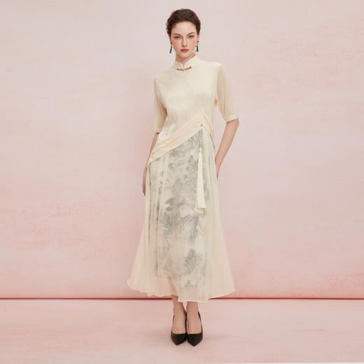 QF8G6斯尔丽2025新款改良旗袍拼接薄透朦胧水墨画流苏旗开得胜连衣裙 商品图3