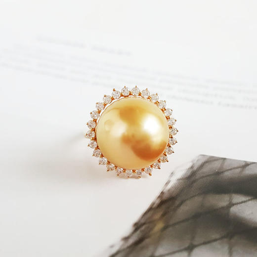 【天然正品】AU585黄金镶天然近完美约13MM浓金色南洋海水金珠戒指13MM（皆取最大值）12号（戒圈可改）女士现售价：3880！230325AH38 商品图4