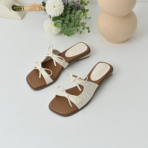 经典鲨2025年夏季新款法式方头甜美蝴蝶结低跟懒人凉拖鞋女KW385-529021 商品图3