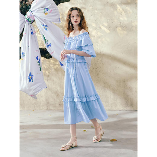 两三事珐琅涟漪2025夏季新款甜美荷叶边一字肩绑带连衣裙气质长裙 商品图3