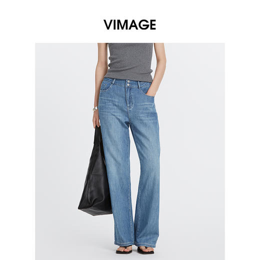 VIMAGE纬漫纪休闲复古洗水蓝显瘦百搭宽松高腰牛仔裤2025夏季新款V2305933 商品图5