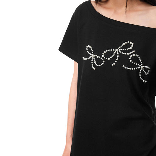 FDR官方店 钉珠蝴蝶结斜肩短袖t恤女夏季潮牌宽松体恤露肩上衣 商品图3