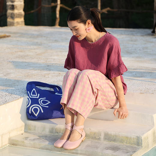 绽放旅行女装250朵/日本进口高密纱线色织格全腰松紧九分裤休闲裤 商品图2