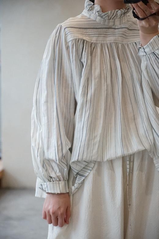 MAKU textiles｜真丝褶边领口不规则条纹长袖衬衫 商品图4