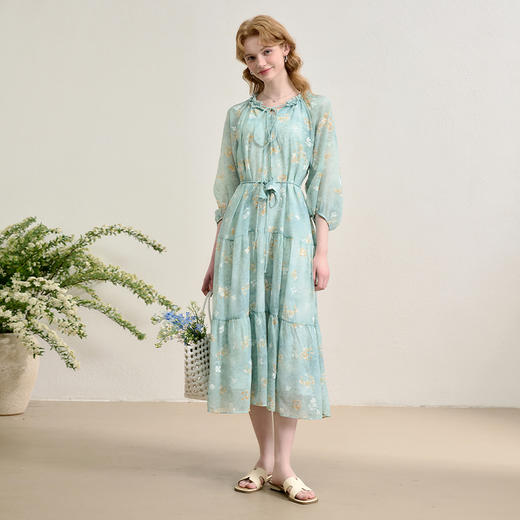 欧若风薄荷曼波度假风七分袖连衣裙女春夏晕染印花长裙V0750287 商品图1