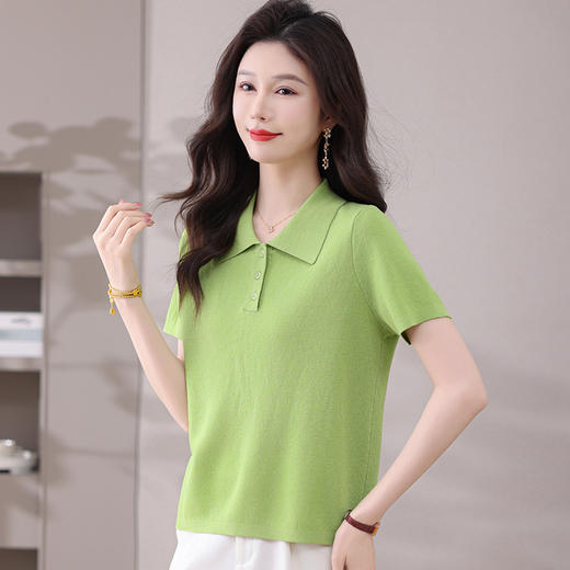 CC-101-31802时尚天丝翻领短袖t恤女2025新款夏季薄款莱赛尔显瘦减龄针织上衣 商品图3