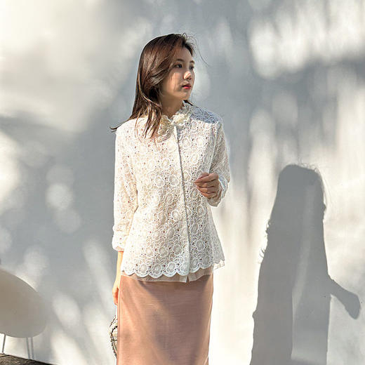 「K」洛诗琳05019气质绣花衬衫2025重工钉珠蕾丝拼接真丝上衣2339 商品图0