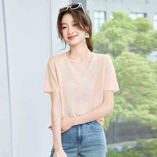CC-SD7064    V领冰丝短袖t恤女夏季2025新款洋气内搭打底衫减龄薄款针织衫 商品图2