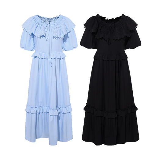 两三事珐琅涟漪2025夏季新款甜美荷叶边一字肩绑带连衣裙气质长裙 商品图4