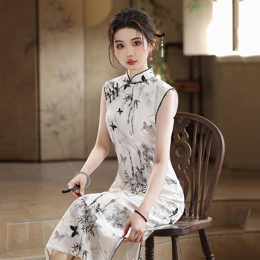 SC21109水墨竹国风中式长款无袖旗袍改良年轻款2025新款少女复古修身夏季 商品图3