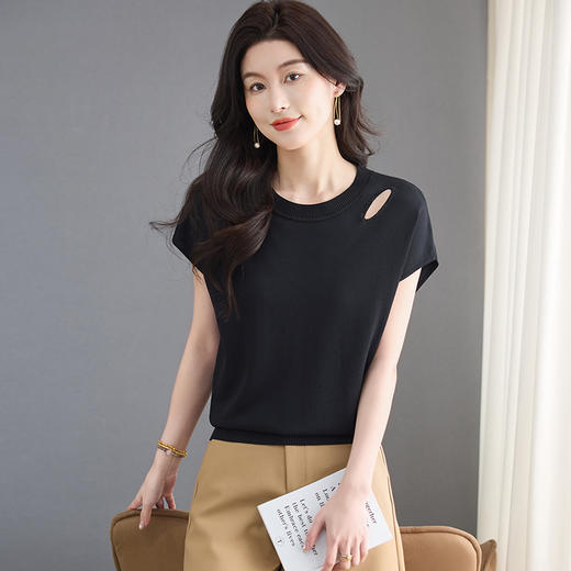CC-LL-1648冰丝短袖t恤女士2025新款夏季洋气破洞宽松遮肚子显瘦上衣针织衫 商品图2