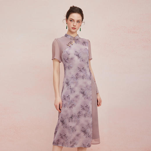 QF895斯尔丽2025新款新国风改良旗袍水墨国画清雅气质拼纱散摆连衣裙 商品图5