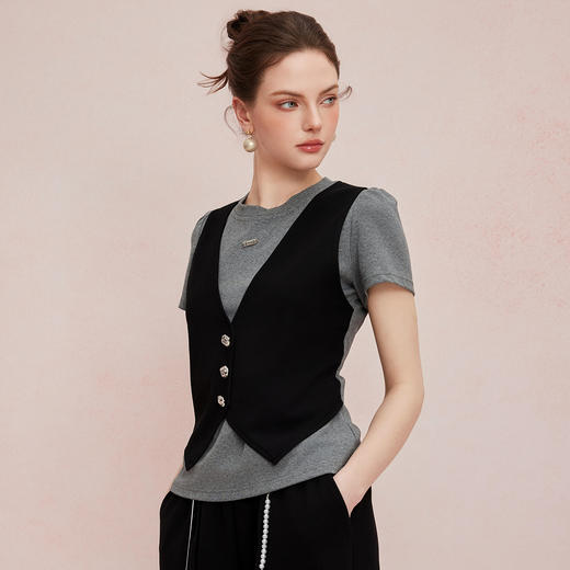 QF715斯尔丽25新款精梳棉T假两件马甲上衣配宽松舒适阔腿裤茶歇套装 商品图2