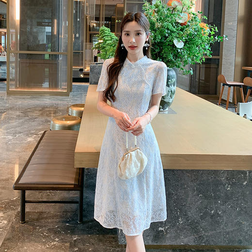 奢姿大码女装2025夏季胖妹妹时尚气质优雅复古短袖蕾丝立领连衣裙9952853316 商品图4