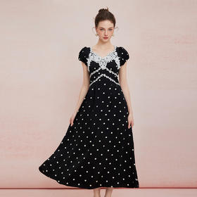 QF889斯尔丽25新款法式复古水溶蕾丝提亮高腰节小泡袖减龄波点连衣裙