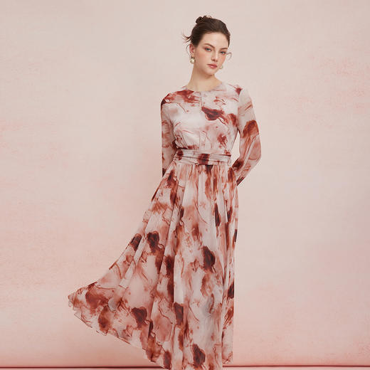 QF896斯尔丽25夏季新款法式优雅浪漫显瘦显高印花雪纺设计感放摆连衣裙 商品图5