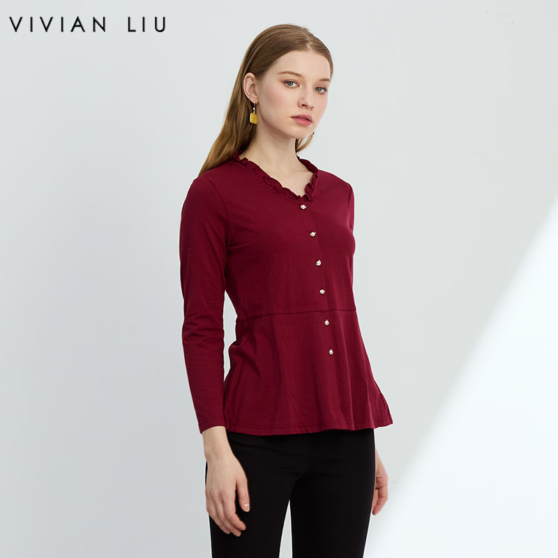 VIVIAN LIU R2447317 25春新款V领木耳边下摆A字版型长袖针织上衣