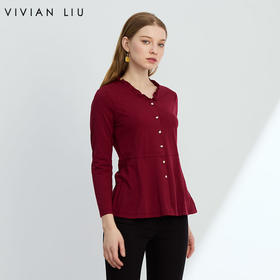 VIVIAN LIU R2447317 25春新款V领木耳边下摆A字版型长袖针织上衣