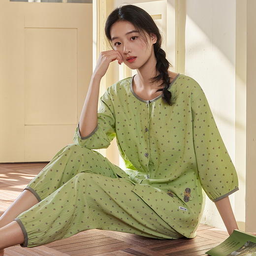 自然醒长歌（带胸垫）睡衣女夏季新款梭织云朵棉薄款夏天七分袖中年妈妈家居服QH 商品图14