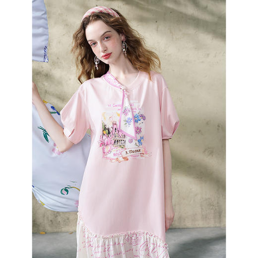 两三事 紫苑甜乡 2025夏季新款小清新领带印花t恤裙宽松连衣裙 商品图2