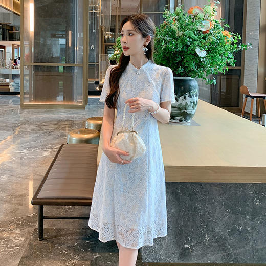 奢姿大码女装2025夏季胖妹妹时尚气质优雅复古短袖蕾丝立领连衣裙9952853316 商品图1