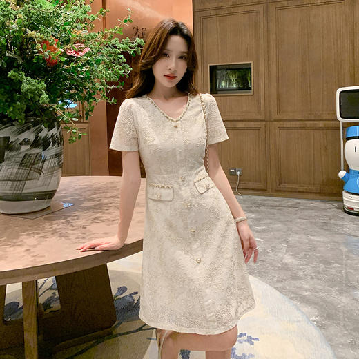 奢姿大码女装2025夏季小香风时尚连衣裙胖妹妹假口袋气质V领裙子9952821126 商品图4