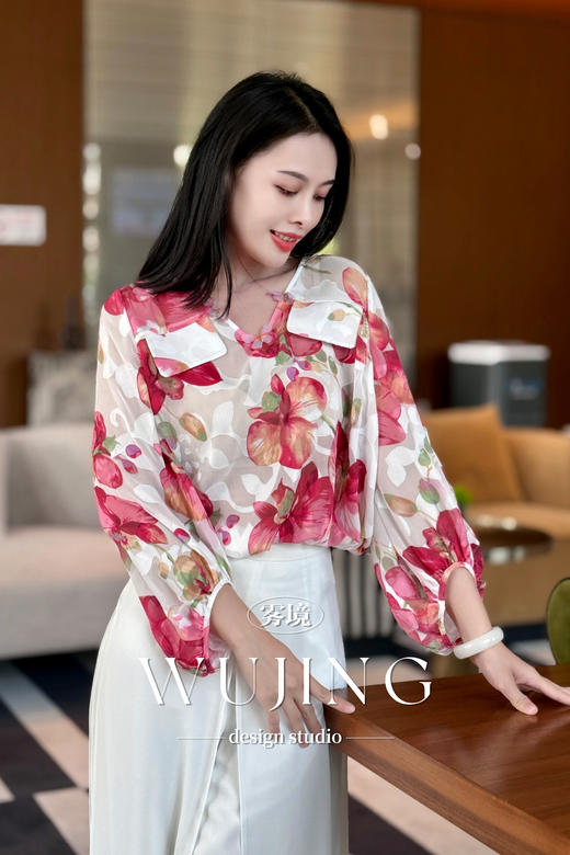 【雾境定制】减龄粉色鸢尾花提花印花衬衣 3205026 商品图1