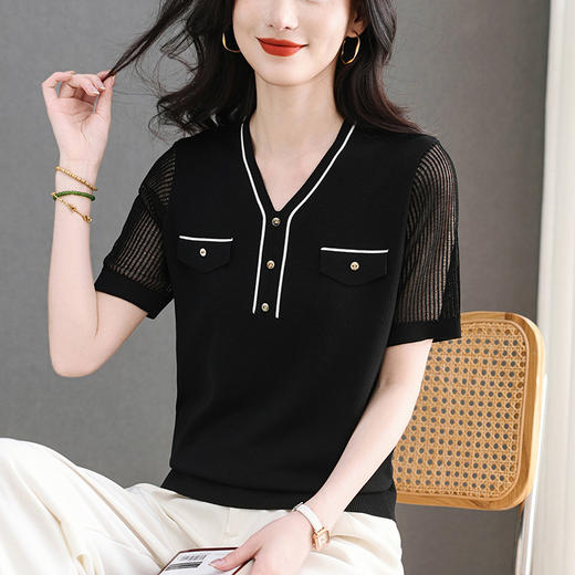 CC-MY-1216纱袖上衣女小香风冰丝宽松针织衫漂亮洋气夏装2025新款短袖t恤女 商品图2
