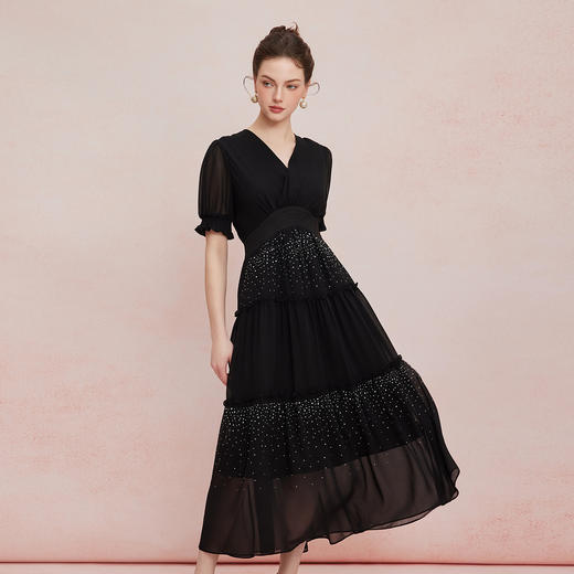 QF891斯尔丽25新款法式浪漫高腰节蛋糕收褶烫钻后腰超细橡筋显瘦连衣裙 商品图5