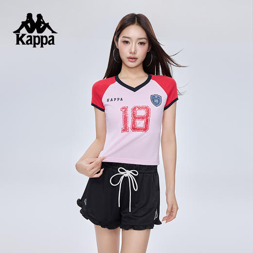 Kappa卡帕背靠背2025新款夏季运动t恤美式女士修身短袖V领上衣女KPDJBTD11 商品图1