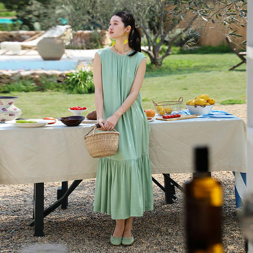 绽放旅行女装262朵/嫩芽绿玫瑰纤维背心鱼尾裙无袖背心裙连衣裙女 商品图0