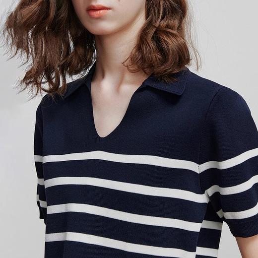 初语2025夏季新款撞色领条纹针织衫薄款爱心刺绣翻领短袖针织开衫 商品图3